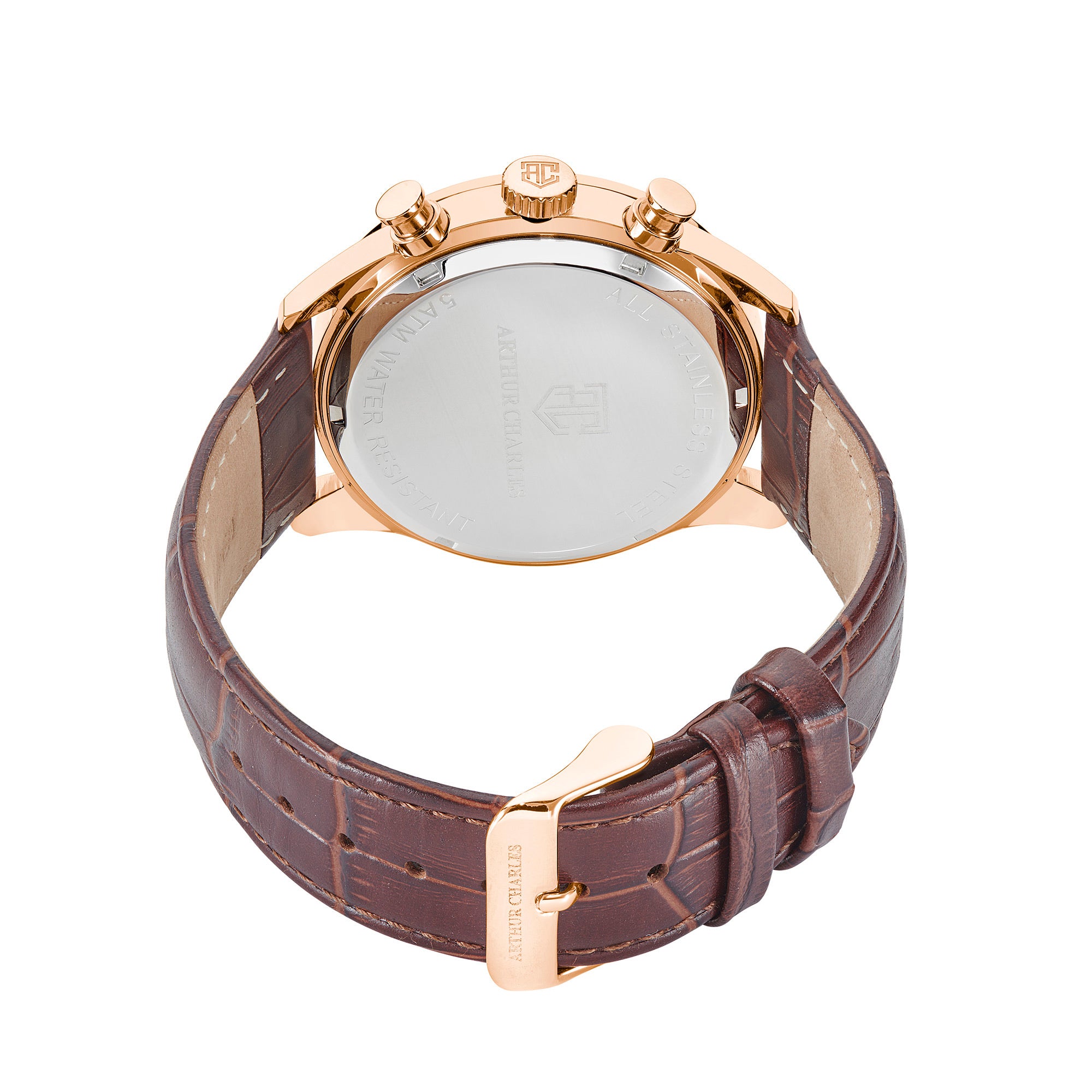View from the back of the Gold Chrono Prestige men's watch sold by Arthur Charles. This watch has a gold case and brown leather strap. On the back of the watch case the Arthur Charles logo is displayed.