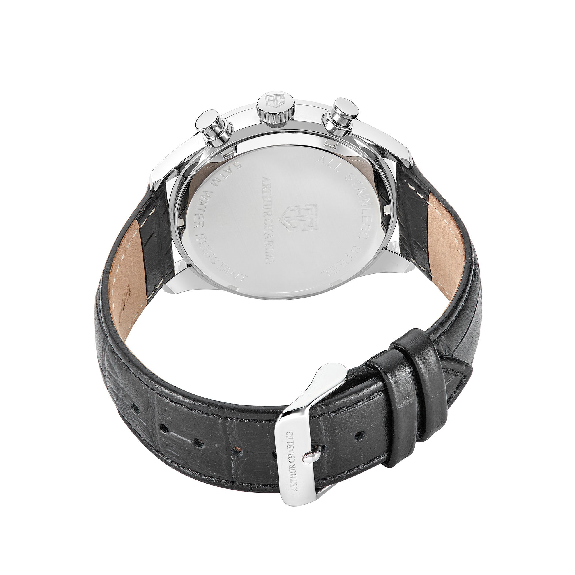 A back view of the men's Silver Chrono Prestige watch by Arthur Charles. The Arthur Charles logo is etched on the case back of the watch and the clasp. The black Strap of this watch is made from genuine high quality leather to give this watch a luxury feel.