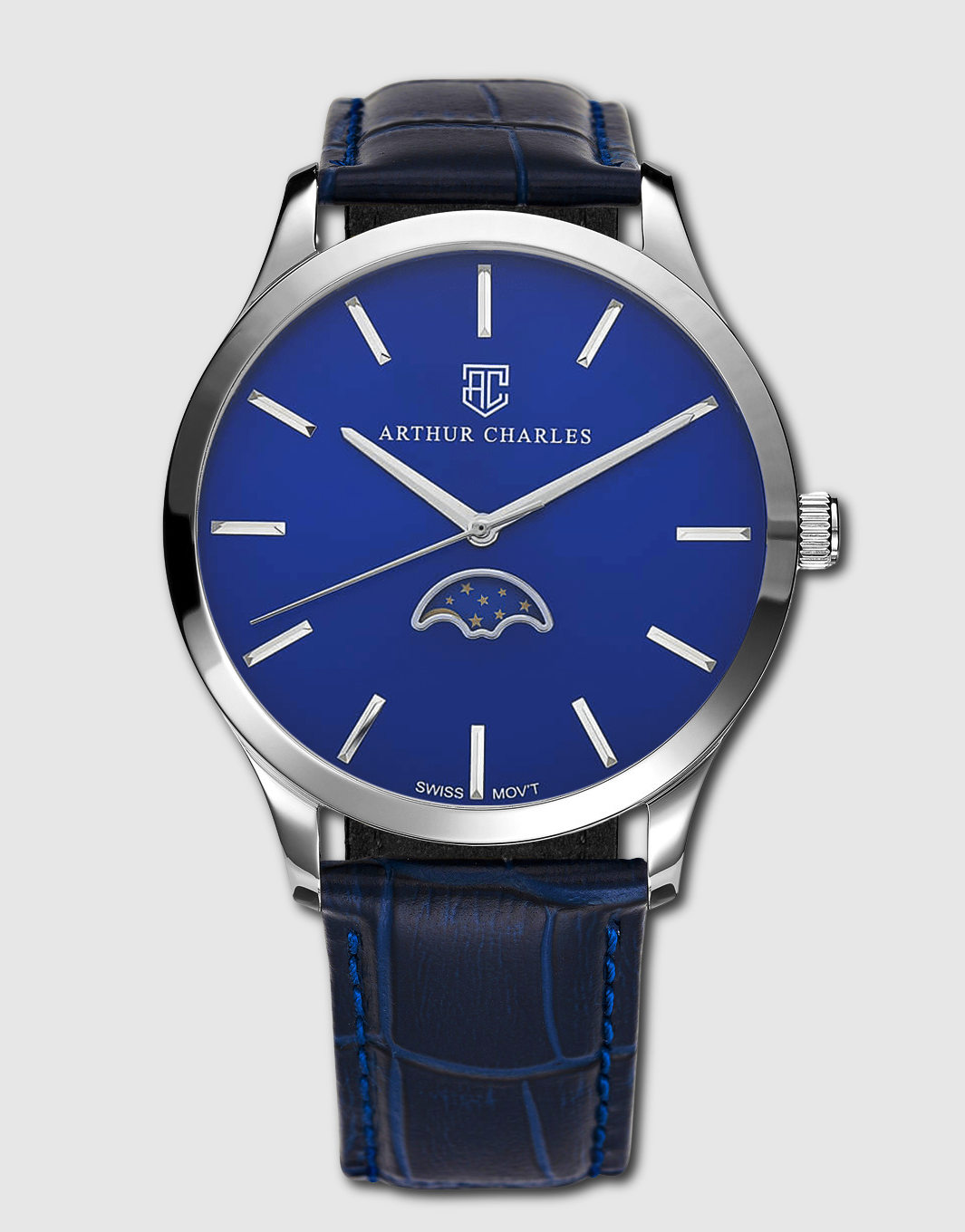 Front view of the Blue Moonphase Watch sold by Arthur Charles Watches. This watch has a blue leather butterfly clasp strap and blue dial with silver hands and indices. This watch features a moonphase indicator and also uses swiss movement.
