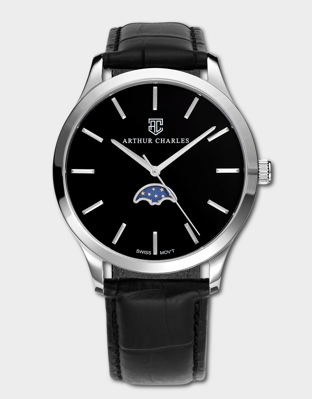 Front view of the Black Moonphase Watch sold by Arthur Charles Watches. This watch has a black leather butterfly clasp strap and black dial with silver hands and indices. This watch features a moonphase indicator and also uses swiss movement.