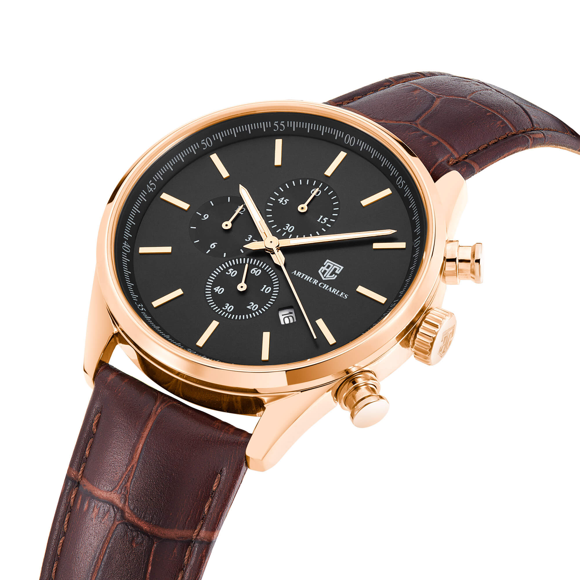 Side view of The Arthur Charles Gold Chrono Prestige Men's Watch. This watch has 3 chronograph hands and two pushers on the side to set time. This watch is accompanied with a brown leather strap. 