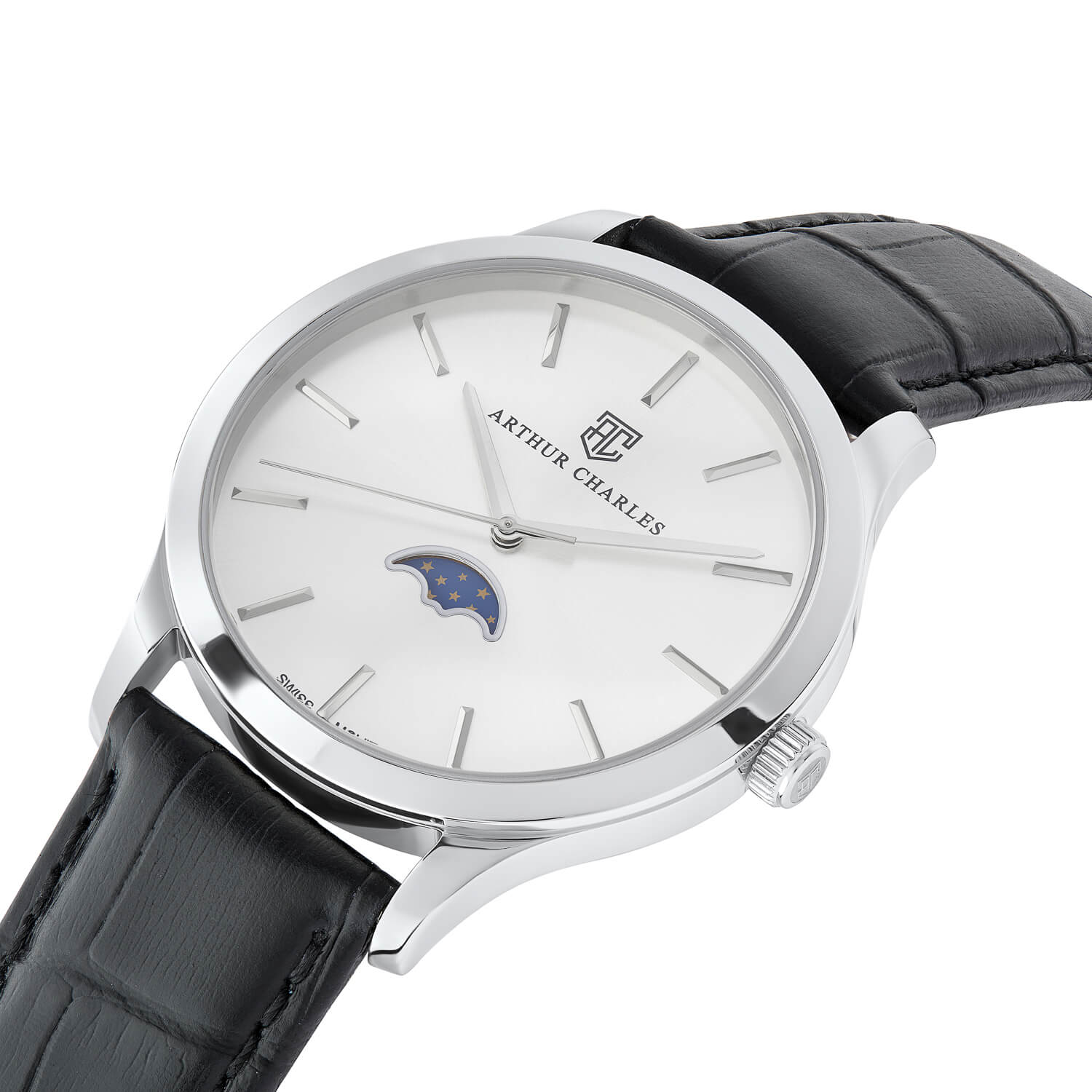 Side view of the Silver Moonphase Watch sold by Arthur Charles Watches. This watch has a black leather butterfly clasp strap and silver dial with silver hands and indices. This watch features a moonphase indicator and also uses swiss movement.