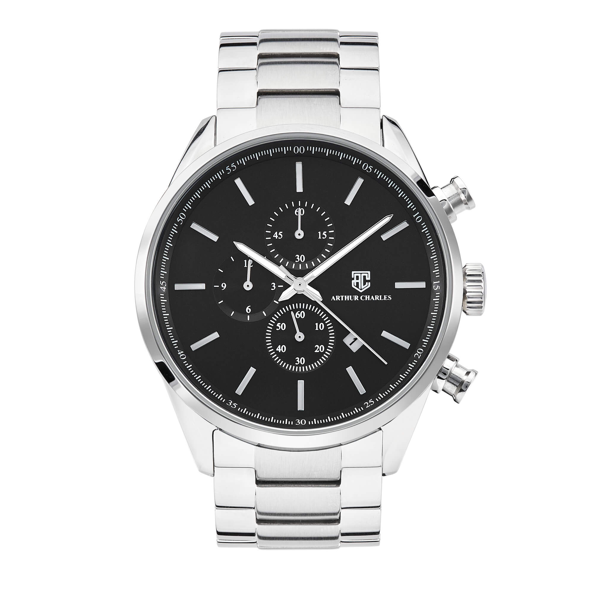 Front view of the men's Silver Chrono Master II watch. This watch has a black face with silver dials and hands. This watch has chronograph movement and is made from stainless steel. This watch has a 2 year Arthur Charles warranty.