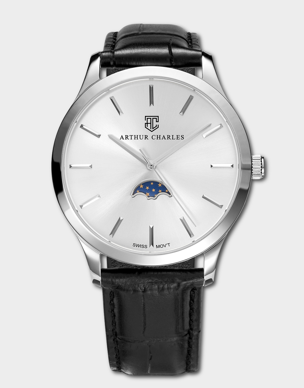 Front view of the Silver Moonphase Watch sold by Arthur Charles Watches. This watch has a black leather butterfly clasp strap and silver dial with silver hands and indices. This watch features a moonphase indicator and also uses swiss movement.