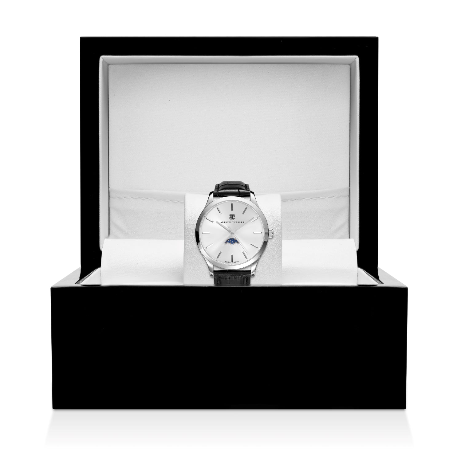 Image of the Moonphase watch in packaging box. This watch features swiss movement and moonphase complication with leather strap.