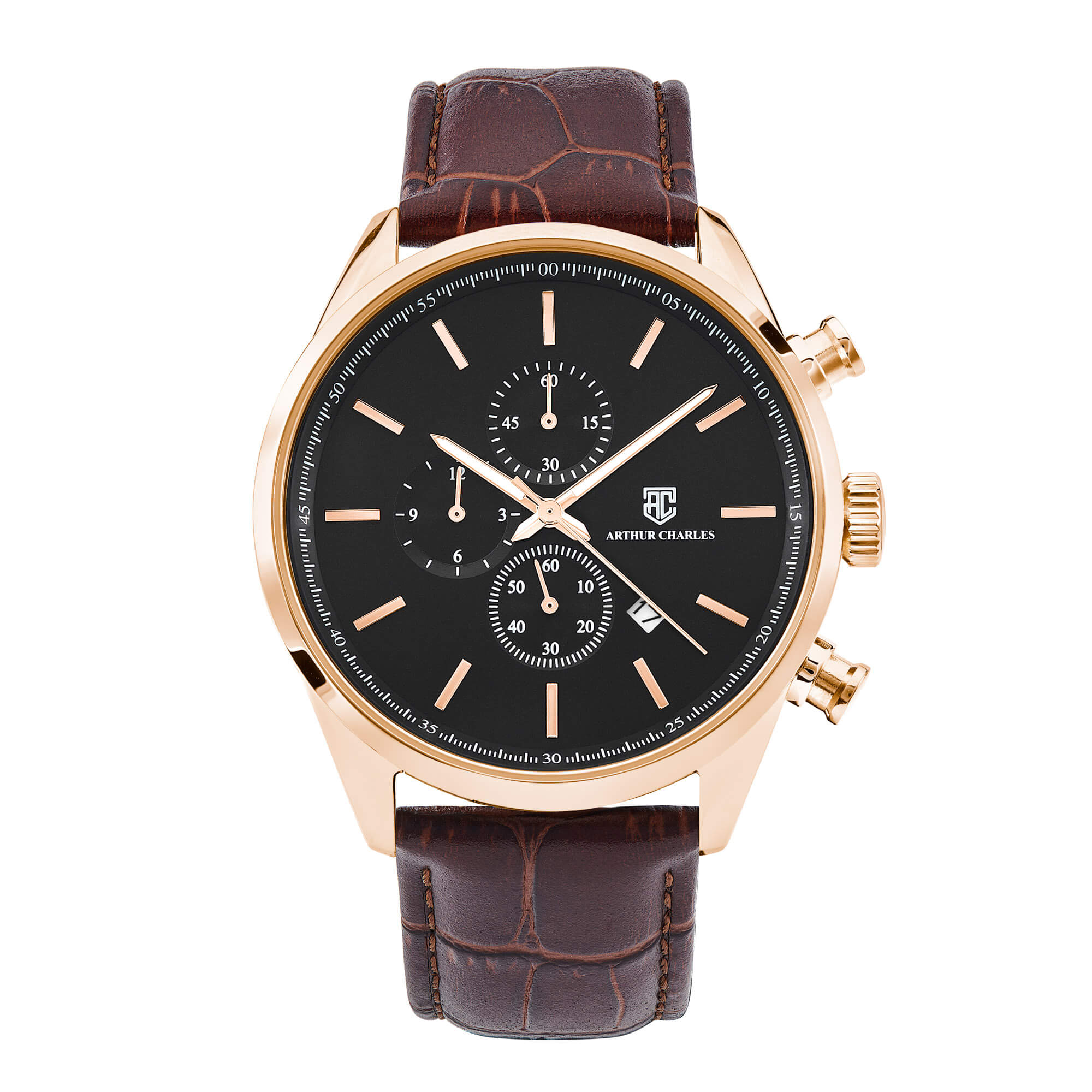 Front angle of the Men's Gold Chrono Prestige Watch by Arthur Charles. This watch has a gold case and gold dial with gold hands. Arthur Charles logo on the front of the watch and also on the crown of the watch. This watch is accompanied with a high quality genuine leather brown strap.